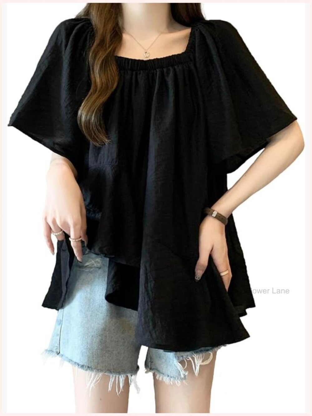 Vintage Ruffle Trim Short Sleeve Blouse Loose Fit Crew Neck Solid Top